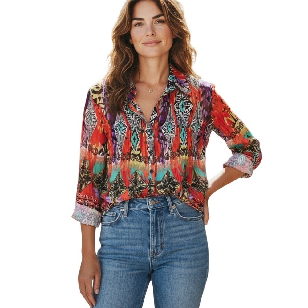 Emma K Womens Multicolor Geometric Tribal Print Tie Back Button Down Blouse S - Picture 11 of 11
